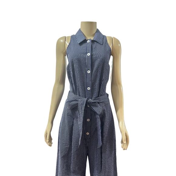 Anthropologie Maeve Size 10 Jumpsuit Wide Leg Blue Collared Striped Modern Chic - Picture 2 of 15